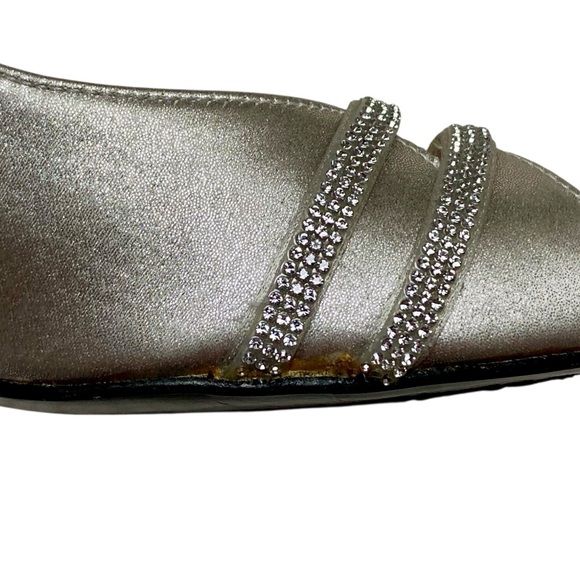 Stuart Weitzman Glohotwire Heels Chrome Raso Satin Rhinestone Peep Toe Size 6 - Picture 11 of 16